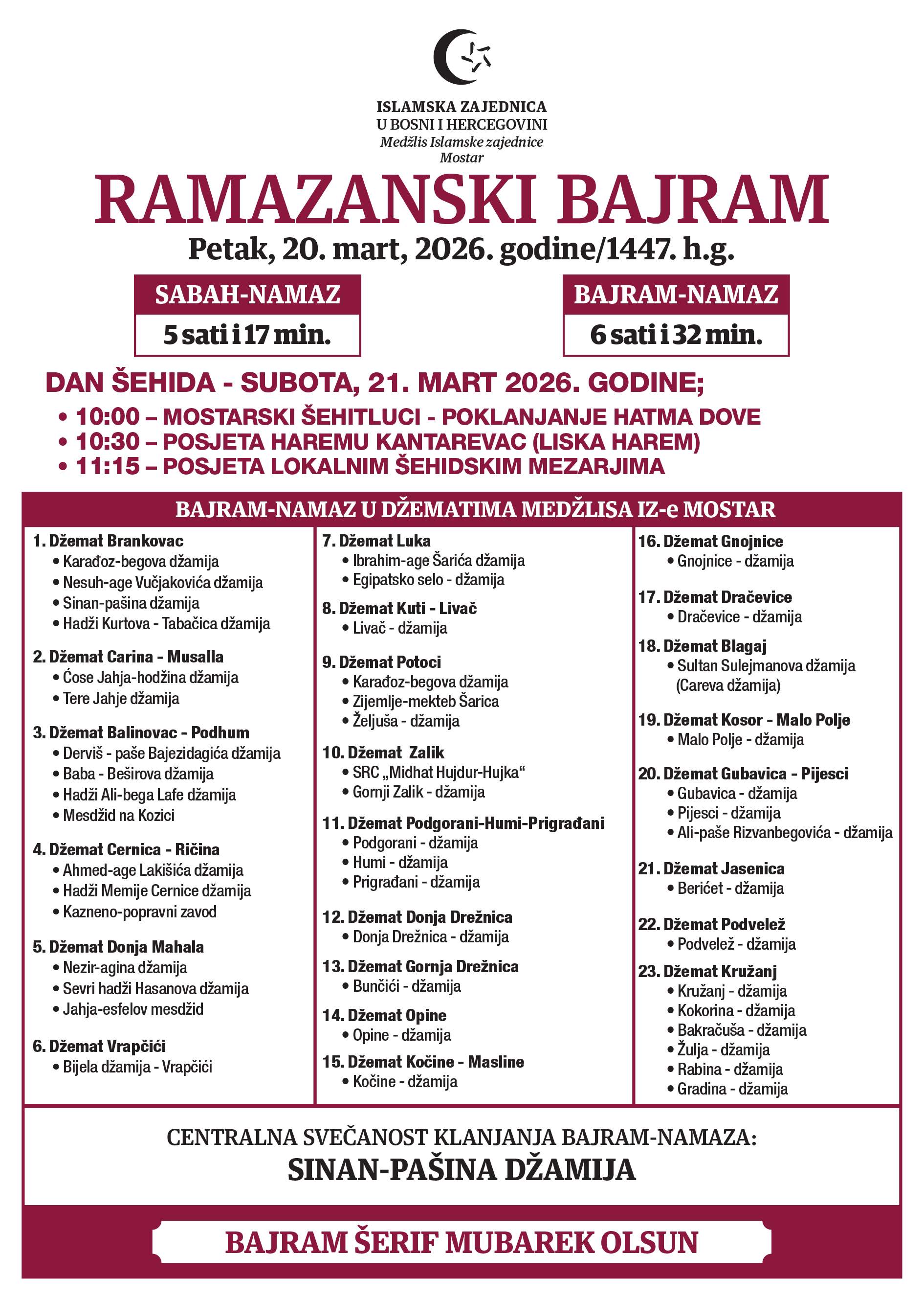 Ramazanski bajram 2026..jpg - Mostar: Bajram-namaz u 47 džamija i mesdžida, centralna svečanost u Sinan-pa&scaron;inoj džamiji